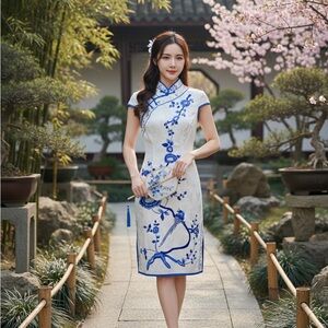 Blue & White Porcelain Style Qipao / Cheongsam Dress Embroidered Sequins Size S